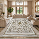 A beautiful home and guest carpet makes your home feel cozy and look great. It has a neat, matching pattern in the middle. It is made from strong, soft fabric that feels nice on your feet and is very easy to clean.