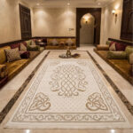 A beautiful home and guest carpet makes your home feel cozy and look great. It has a neat, matching pattern in the middle. It is made from strong, soft fabric that feels nice on your feet and is very easy to clean.