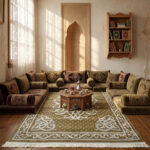 A beautiful home and guest carpet makes your home feel cozy and look great. It has a neat, matching pattern in the middle. It is made from strong, soft fabric that feels nice on your feet and is very easy to clean.