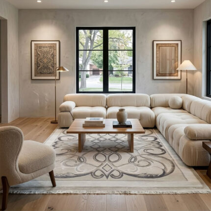 A beautiful home and guest carpet makes your home feel cozy and look great. It has a neat, matching pattern in the middle. It is made from strong, soft fabric that feels nice on your feet and is very easy to clean.