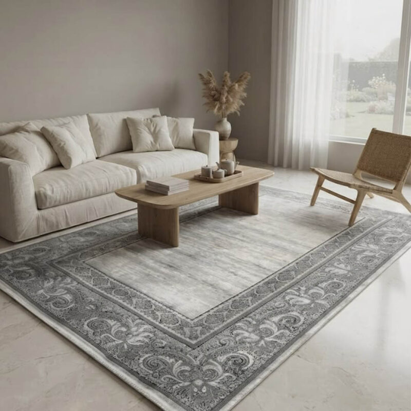 A high-quality area rug with a soft, uniform surface that feels smooth to the touch. The design showcases a distressed, abstract blend of grey and off-white in the center, bordered by a sharp, geometric frame. It offers a premium look and a comfortable feel without unnecessary embellishments.