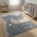 A premium-grade kids' rug featuring a highly durable, high-quality build that withstands constant activity. The pile is tightly woven to be incredibly soft and smooth, creating a comfortable surface for toys and games. The design showcases a weathered abstract center in neutral tones, finished with a clean geometric frame.