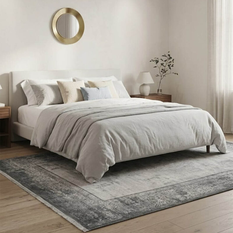 A high-quality area rug with a soft, uniform surface that feels smooth to the touch. The design showcases a distressed, abstract blend of grey and off-white in the center, bordered by a sharp, geometric frame. It offers a premium look and a comfortable feel without unnecessary embellishments.