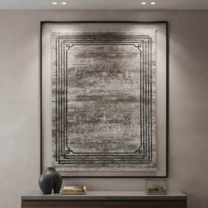 A premium area rug designed with a soft, short pile that feels smooth and comfortable. The design consists of a heavily distressed