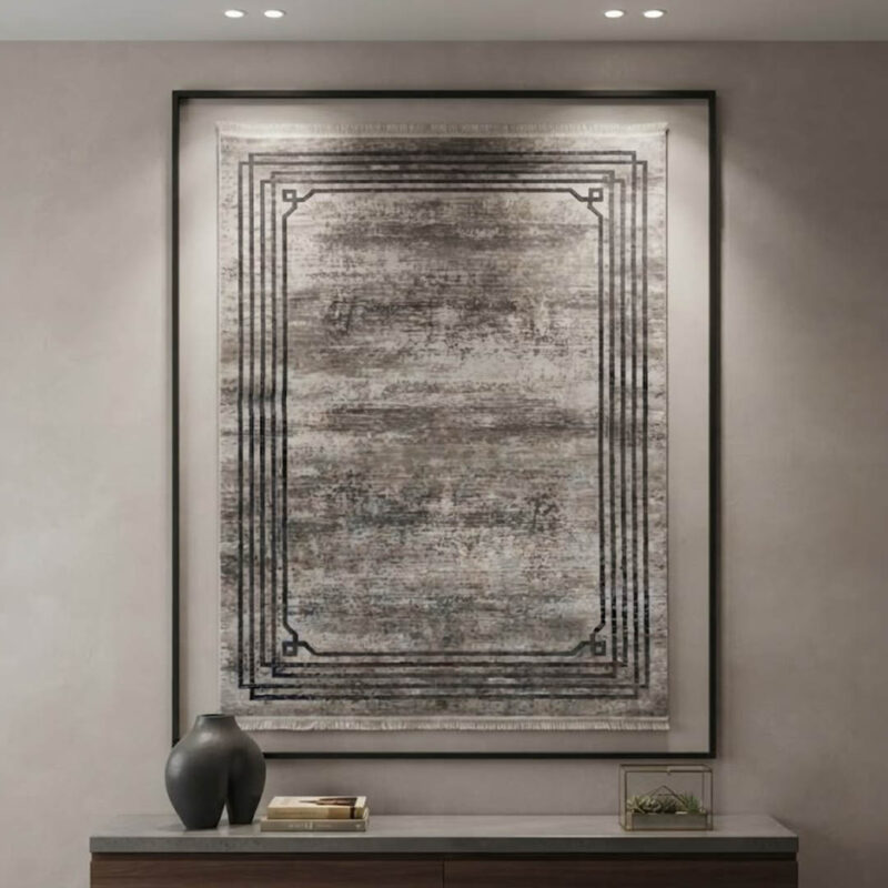 A premium area rug designed with a soft, short pile that feels smooth and comfortable. The design consists of a heavily distressed