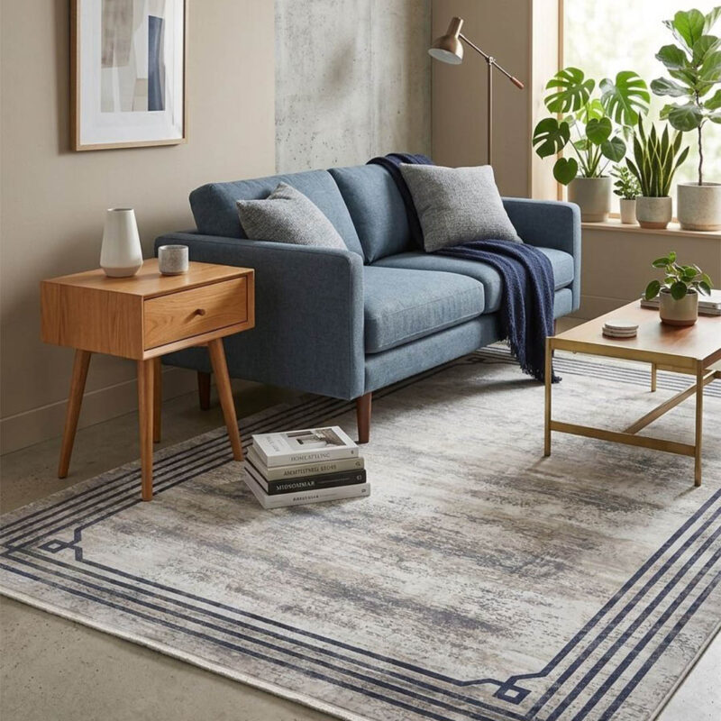 A premium area rug designed with a soft, short pile that feels smooth and comfortable. The design consists of a heavily distressed