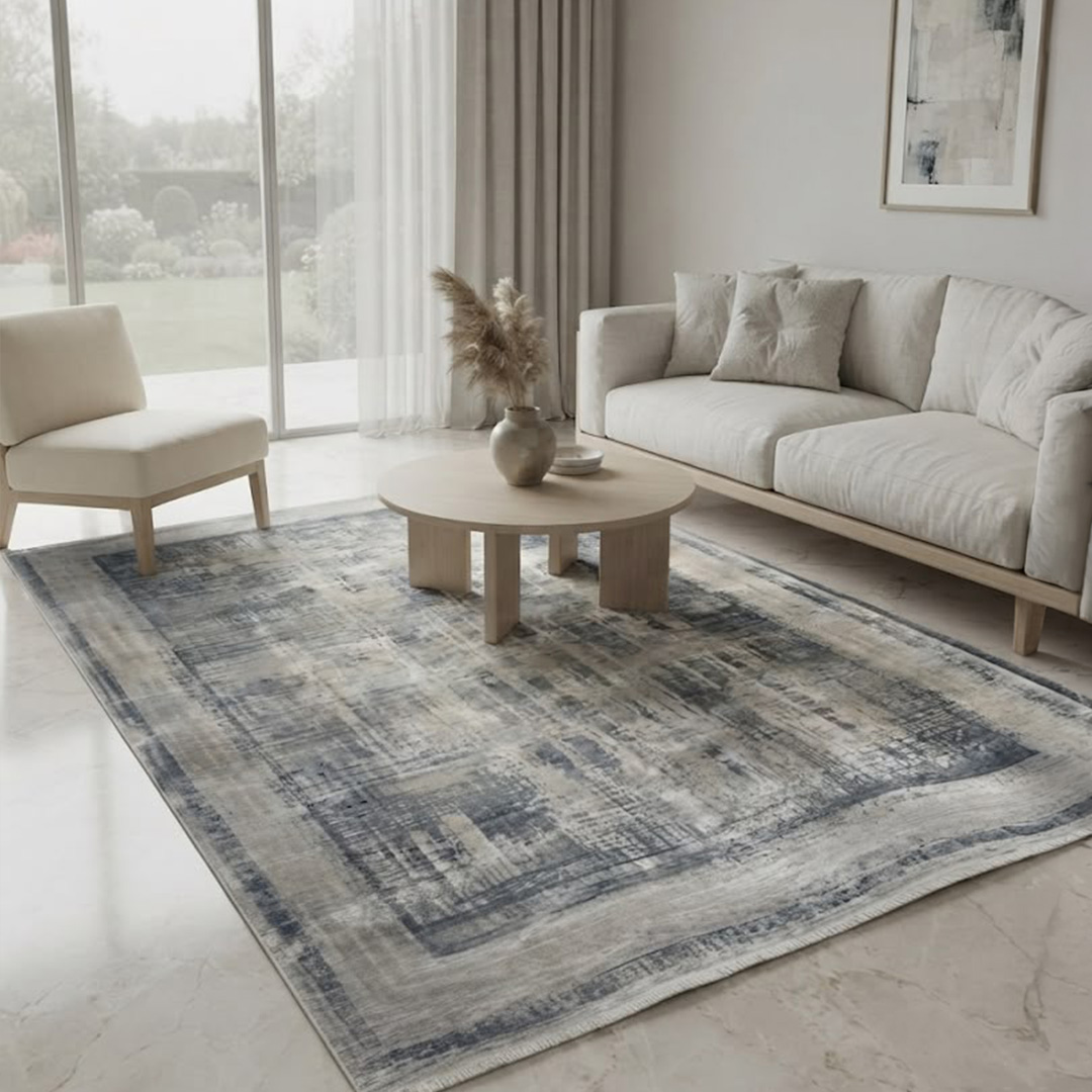 This rug features an understated abstract design in tones, finished with a defined geometric border along the edges._0001 This-rug-features-an-understated-abstract-design-in-tones-finished-with-a-defined-geometric-border-along-the-edges